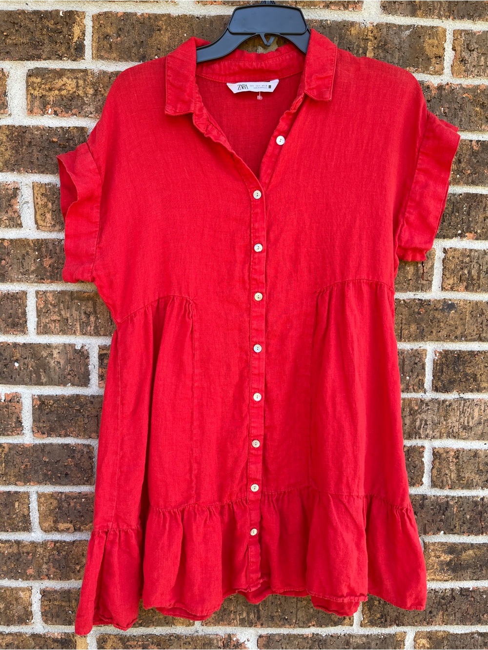 Zara Red Tiered Peplum 100% Linen Short Sleeve Button-Down Dress  Sz S Beach